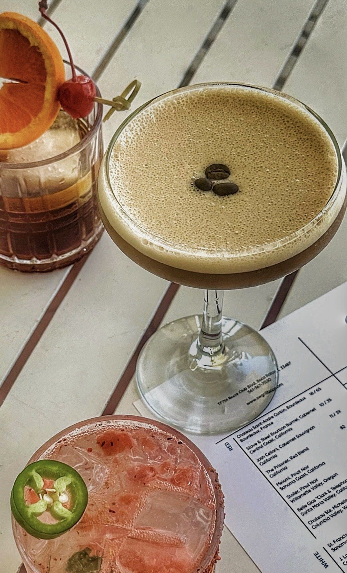 An espresso martini, an old fashioned and a spicy margarita